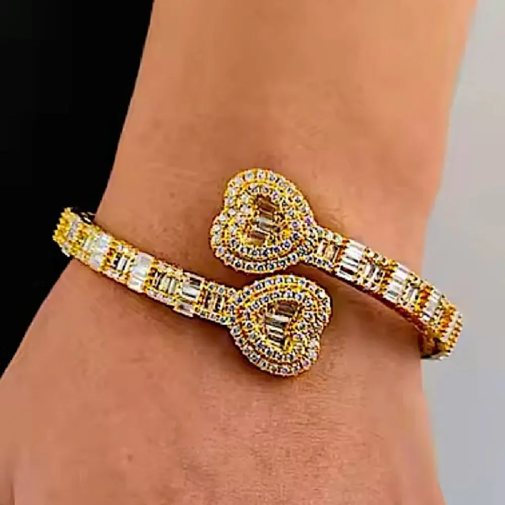 Open Heart Gold Baguette Iced Out Cubic Zircon Diamond Bangle Cuff Bra…